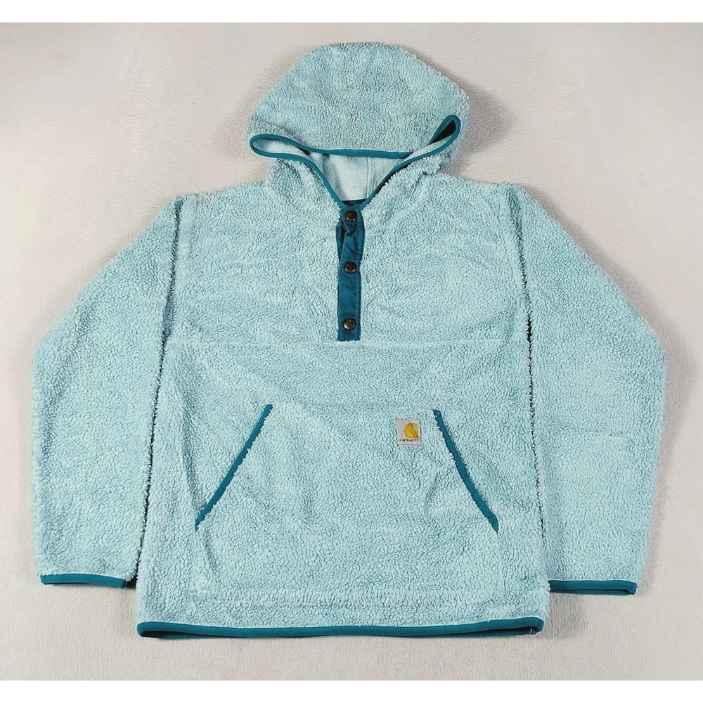 Carhartt Girls Sherpa Hoodie XL 14 Mint Aqua Fleece Pullover Snap Placket Pocket